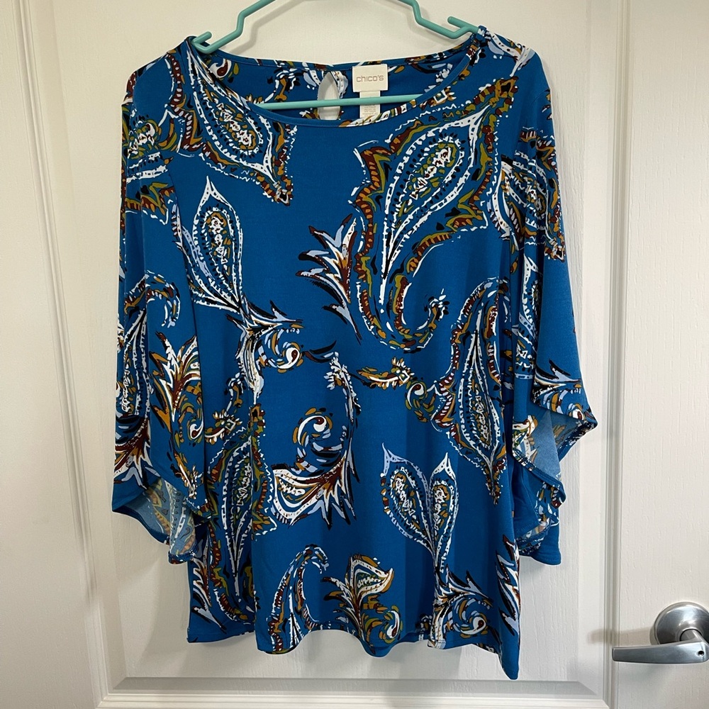 Chico’s Women's Blue Paisley Flare-Sleeve Blouse sz chico2